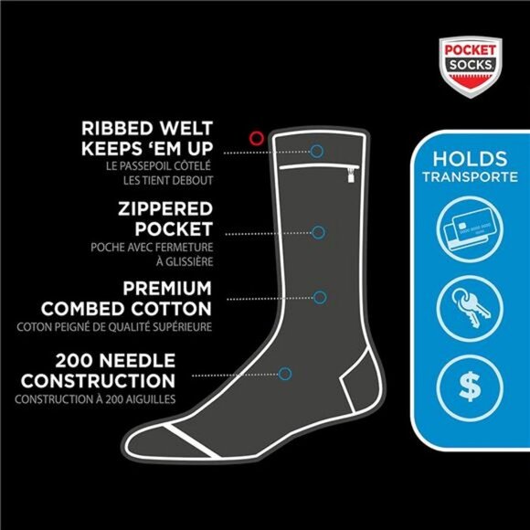 Men Fashion Cotton Crew Socks, Hidden Zipper Security Pocket for Travel ID
